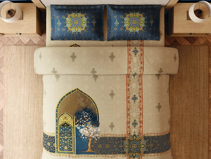 Spaces Meenakari Light Taupe Ornate 100% Cotton 300 TC Large Bedsheet with 2 Pillow Covers - 108 x 108 Inches