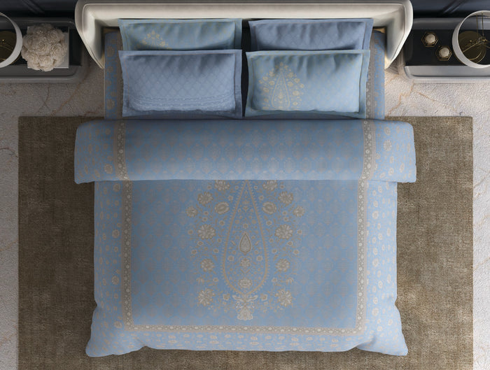 Spaces Meraki Airy Blue 100% Cotton 300 TC Floral Premium Large Bedsheet with 4 Pillow Covers - 108 x 108 Inches