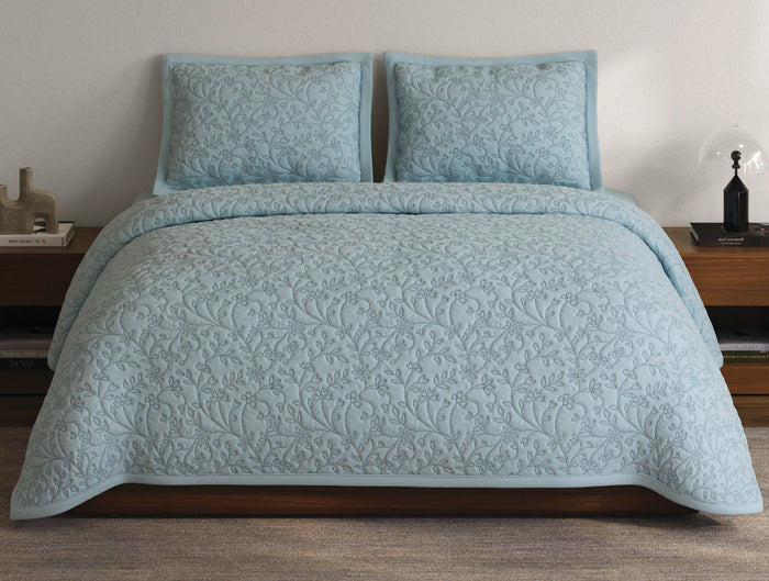 Spaces Meraki Light Blue Solid 100% Cotton Double Coverlet with 2 Pillow Covers - 108 x 108 Inches