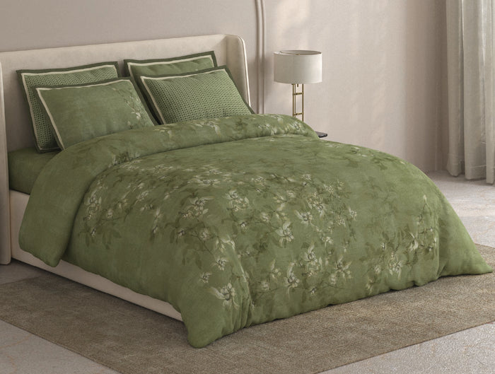 Spaces Meraki Light Green 100% Cotton 300 TC Floral Premium Large Bedsheet with 4 Pillow Covers - 108 x 108 Inches