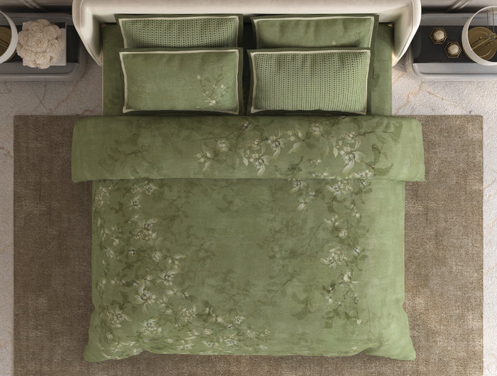 Spaces Meraki Light Green 100% Cotton 300 TC Floral Premium Large Bedsheet with 4 Pillow Covers - 108 x 108 Inches
