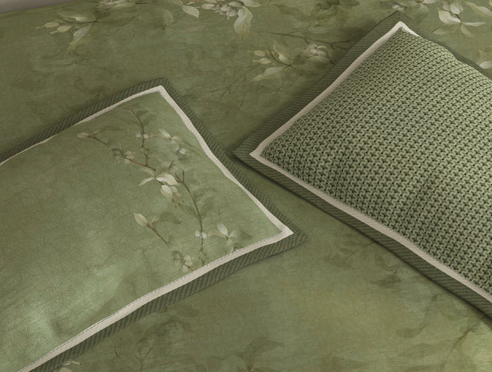 Spaces Meraki Light Green 100% Cotton 300 TC Floral Premium Large Bedsheet with 4 Pillow Covers - 108 x 108 Inches