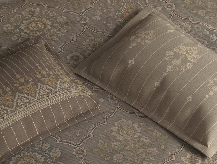 Spaces Meraki Mushroom 100% Cotton 300 TC Floral Premium Large Bedsheet with 4 Pillow Covers - 108 x 108 Inches