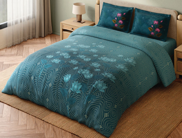 Spaces Miniature Teal Floral 100% Cotton 300 TC Large Bedsheet with 2 Pillow Covers - 108 x 108 Inches
