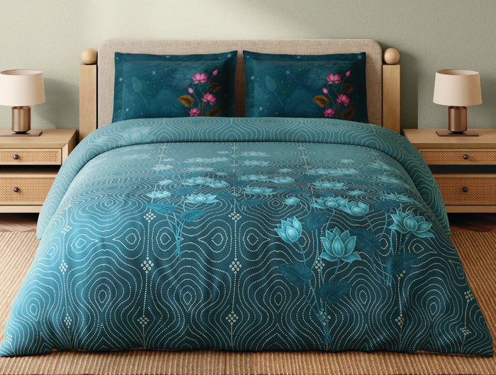 Spaces Miniature Teal Floral 100% Cotton 300 TC Large Bedsheet with 2 Pillow Covers - 108 x 108 Inches