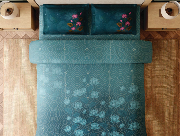 Spaces Miniature Teal Floral 100% Cotton 300 TC Large Bedsheet with 2 Pillow Covers - 108 x 108 Inches