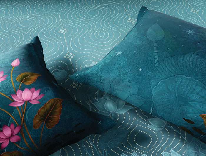 Spaces Miniature Teal Floral 100% Cotton 300 TC Large Bedsheet with 2 Pillow Covers - 108 x 108 Inches