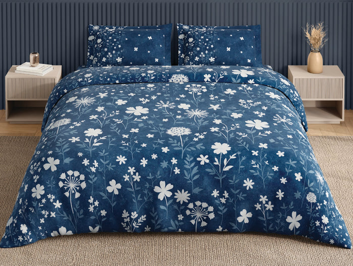 Spaces Neo Dark Blue Floral 100% Cotton Large Bedsheet with 2 Pillow Covers - 108 x 108 Inches