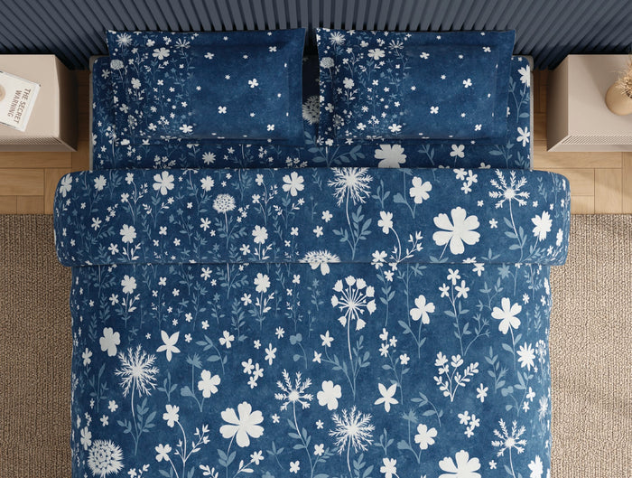 Spaces Neo Dark Blue Floral 100% Cotton Large Bedsheet with 2 Pillow Covers - 108 x 108 Inches