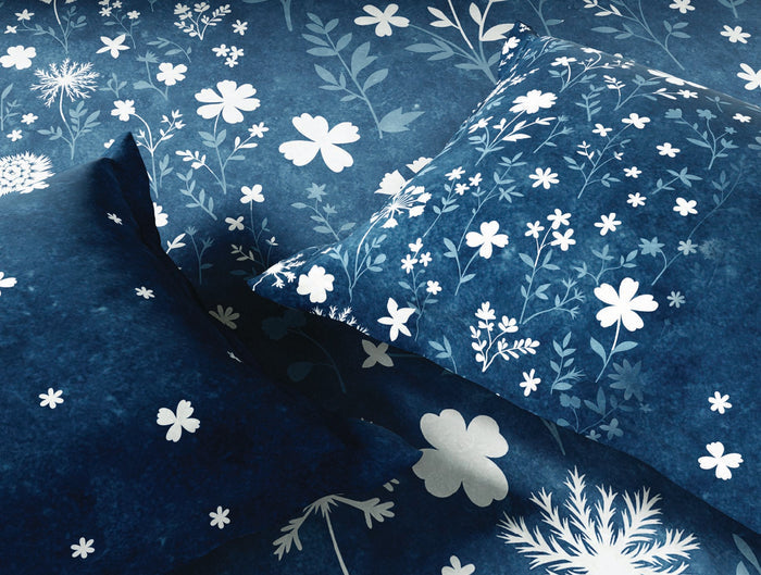 Spaces Neo Dark Blue Floral 100% Cotton Large Bedsheet with 2 Pillow Covers - 108 x 108 Inches