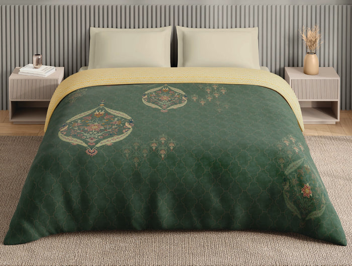 Spaces Neo Dark Green Ornate 100% Cotton Double Quilt - 88 x 106 Inches