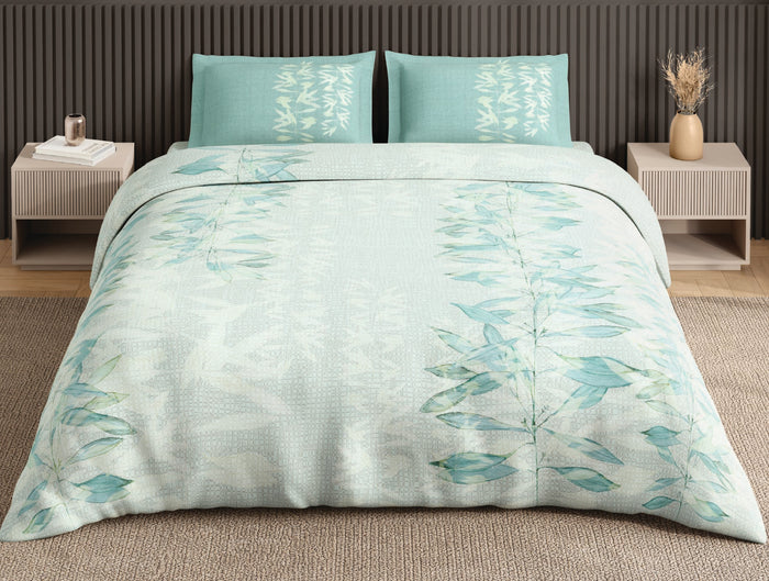 Spaces Neo Light Blue Floral 100% Cotton Large Bedsheet with 2 Pillow Covers - 108 x 108 Inches