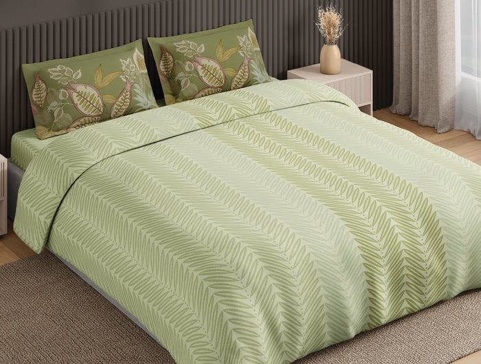 Spaces Neo Light Green Floral 100% Cotton Large Bedsheet with 2 Pillow Covers - 108 x 108 Inches