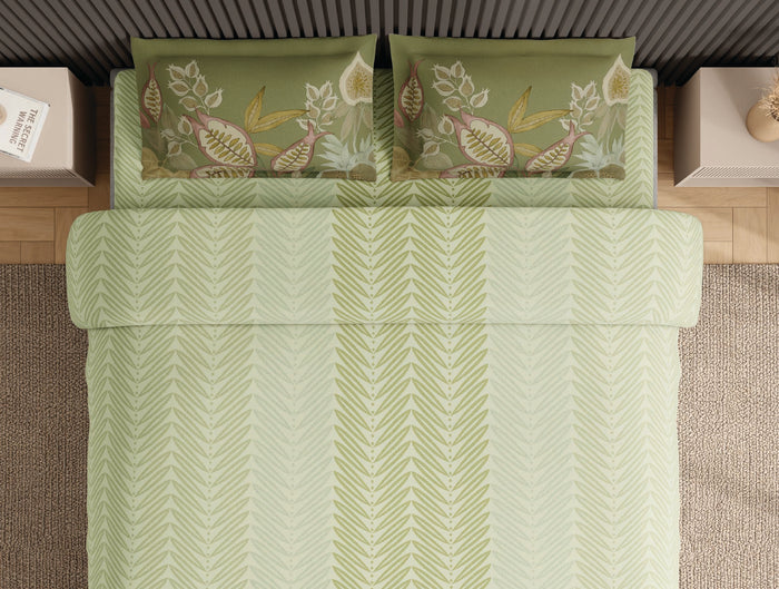 Spaces Neo Light Green Floral 100% Cotton Large Bedsheet with 2 Pillow Covers - 108 x 108 Inches
