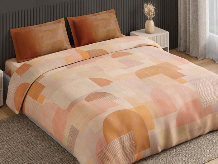 Spaces Neo Light Orange Geometric 100% Cotton Large Bedsheet with 2 Pillow Covers - 108 x 108 Inches