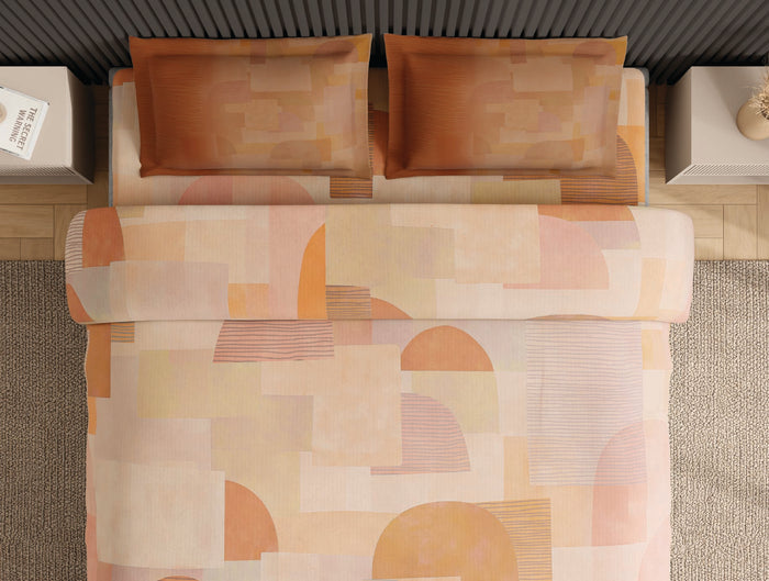 Spaces Neo Light Orange Geometric 100% Cotton Large Bedsheet with 2 Pillow Covers - 108 x 108 Inches
