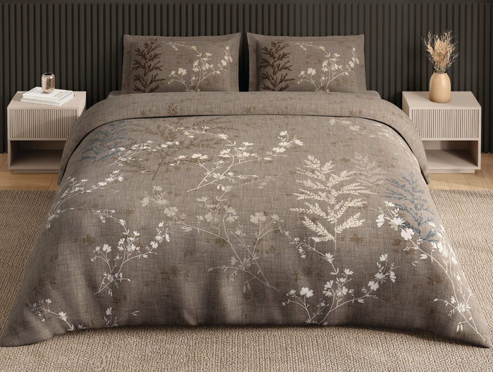Spaces Neo Light Taupe Floral 100% Cotton Large Bedsheet with 2 Pillow Covers - 108 x 108 Inches
