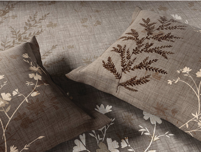 Spaces Neo Light Taupe Floral 100% Cotton Large Bedsheet with 2 Pillow Covers - 108 x 108 Inches