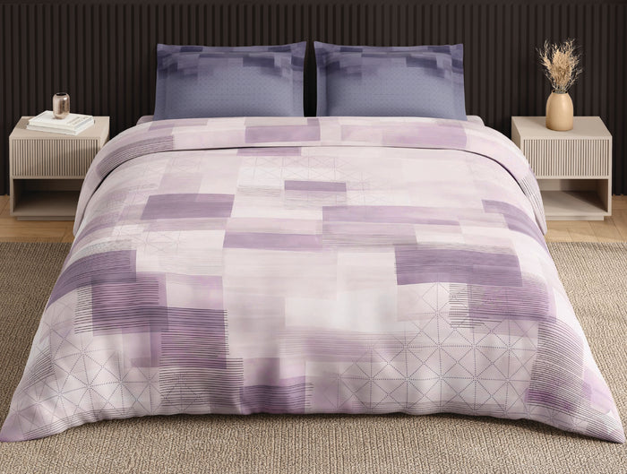 Spaces Neo Light Violet Geometric 100% Cotton Large Bedsheet with 2 Pillow Covers - 108 x 108 Inches