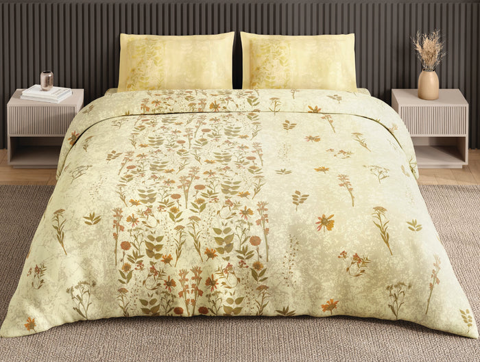 Spaces Neo Light Yellow Floral 100% Cotton Large Bedsheet with 2 Pillow Covers - 108 x 108 Inches