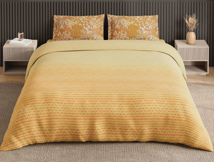 Spaces Neo Light Yellow Geometric 100% Cotton Large Bedsheet with 2 Pillow Covers - 108 x 108 Inches