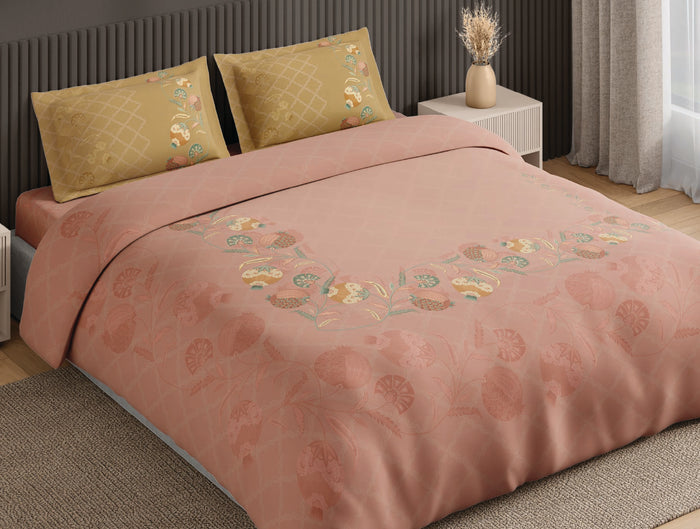 Spaces Neo Peachy Keen Ornate 100% Cotton Large Bedsheet with 2 Pillow Covers - 108 x 108 Inches