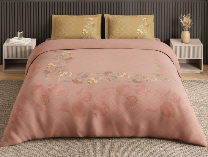 Spaces Neo Peachy Keen Ornate 100% Cotton Large Bedsheet with 2 Pillow Covers - 108 x 108 Inches