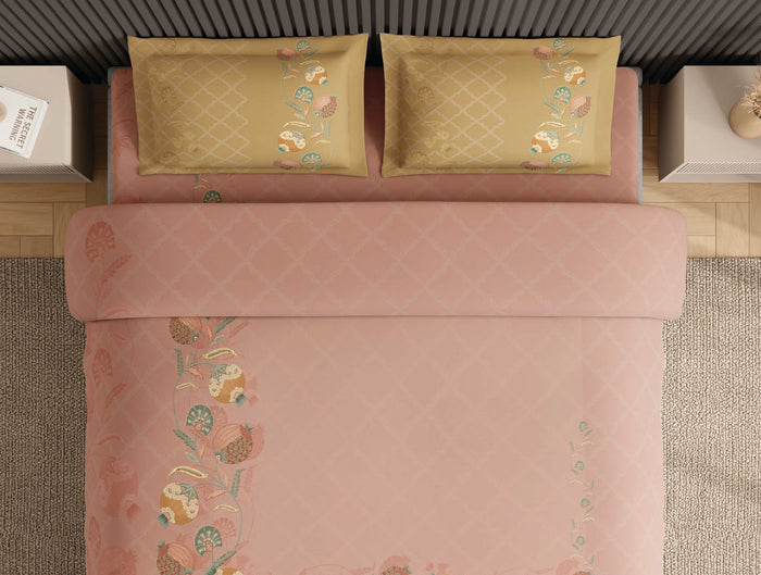 Spaces Neo Peachy Keen Ornate 100% Cotton Large Bedsheet with 2 Pillow Covers - 108 x 108 Inches