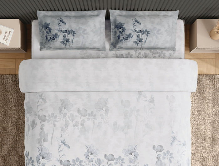 Spaces Neo White Floral 100% Cotton Large Bedsheet with 2 Pillow Covers - 108 x 108 Inches
