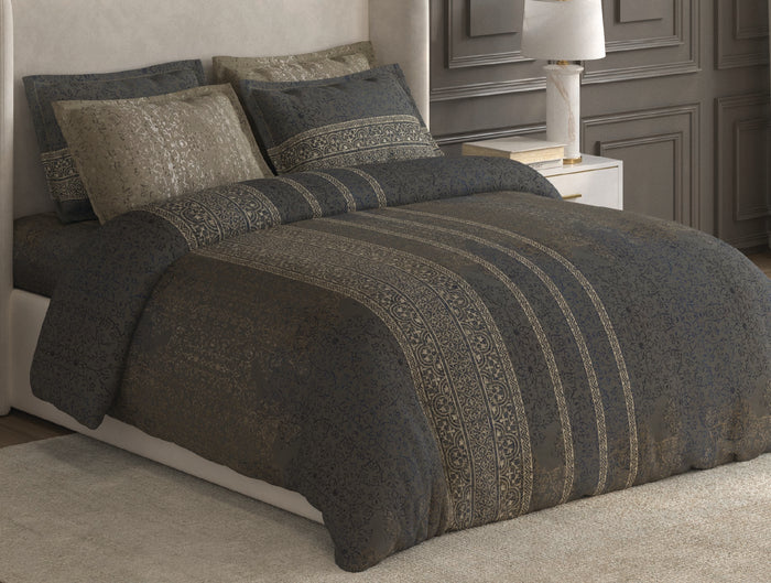 Spaces Nora Dark Grey Egyptain Cotton 350 TC Ornate Premium Large Bedsheet with 4 Pillow Covers - 108 x 108 Inches
