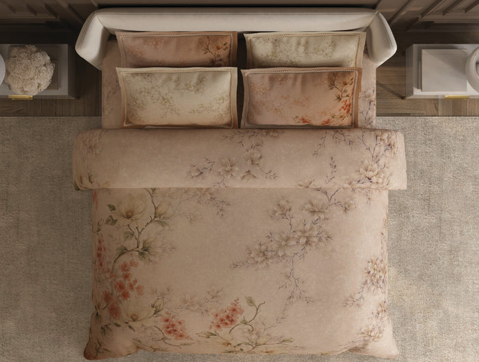 Spaces Nora Light Beige Egyptain Cotton 350 TC Floral Premium Large Bedsheet with 4 Pillow Covers - 108 x 108 Inches