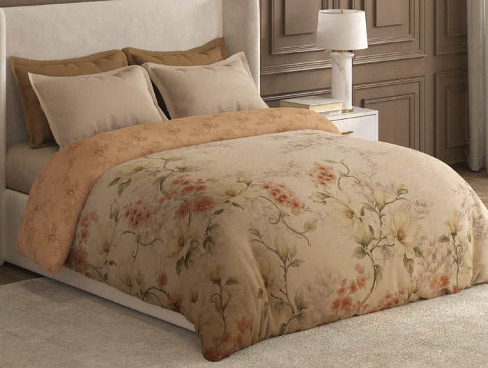 Spaces Nora Light Beige Floral Egyptian Cotton Tencel 350 TC Double Quilt, 88 x 106 Inches
