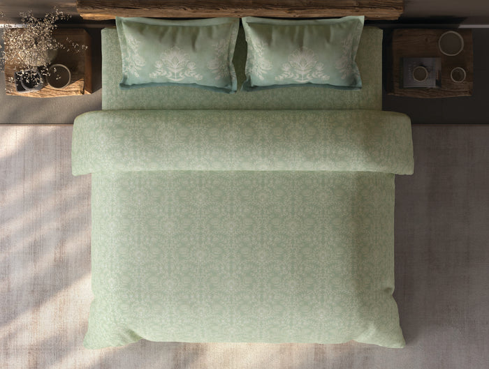 Spaces Organic Cotton Light Green Ornate Large Bedsheet with 2 Pillow Covers - 108 x 108 Inches