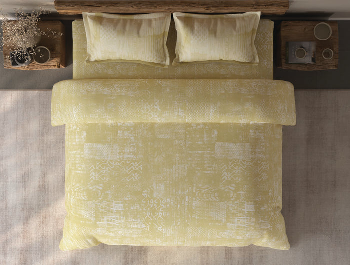 Spaces Organic Cotton Ornate Light Yellow Large Bedsheet with 2 Pillow Covers - 108 x 108 Inches