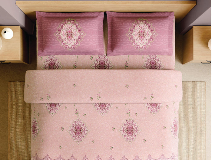 Spaces Paper Mache Pink Floral 100% Cotton 210 TC Large Bedsheet with 2 Pillow Covers - 108 x 108 Inches