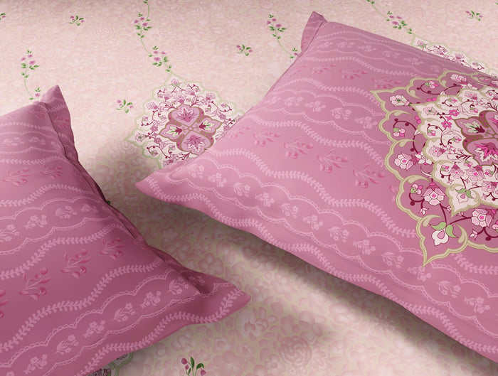 Spaces Paper Mache Pink Floral 100% Cotton 210 TC Large Bedsheet with 2 Pillow Covers - 108 x 108 Inches
