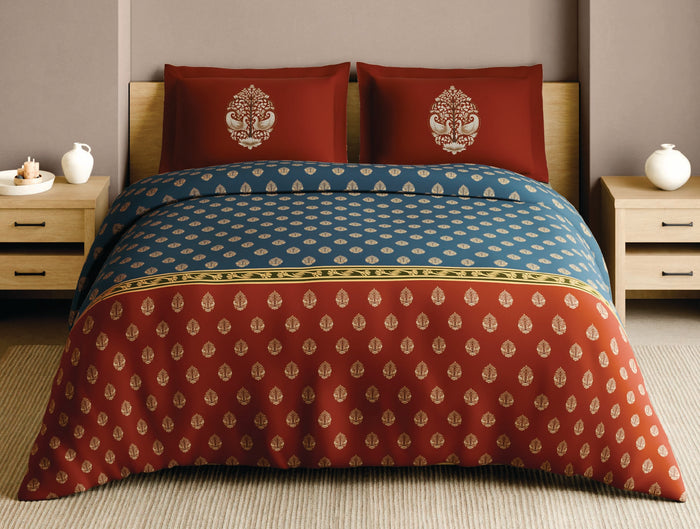 Spaces Patachitra Dark Blue Ornate 100% Cotton 210 TC Large Bedsheet with 2 Pillow Covers - 108 x 108 Inches