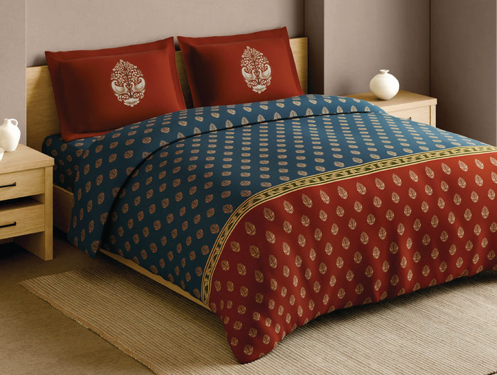 Spaces Patachitra Dark Blue Ornate 100% Cotton 210 TC Large Bedsheet with 2 Pillow Covers - 108 x 108 Inches