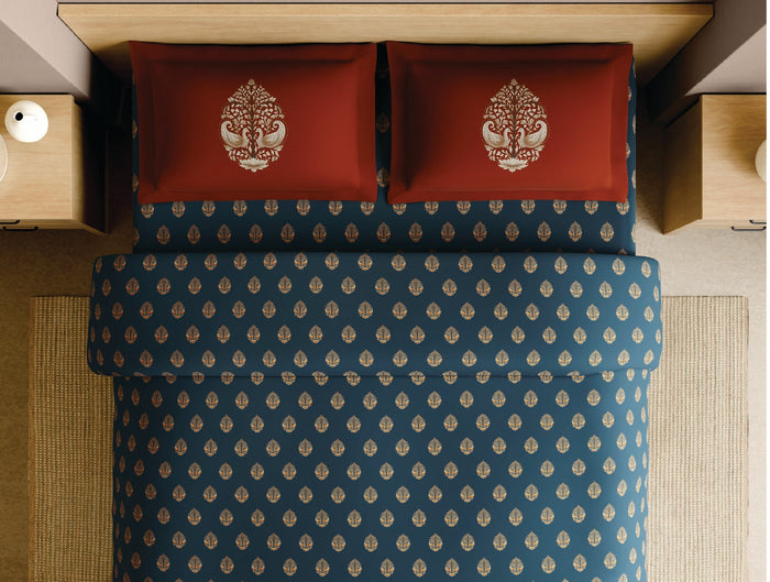 Spaces Patachitra Dark Blue Ornate 100% Cotton 210 TC Large Bedsheet with 2 Pillow Covers - 108 x 108 Inches