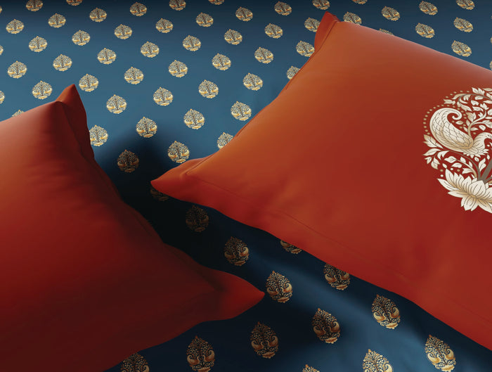 Spaces Patachitra Dark Blue Ornate 100% Cotton 210 TC Large Bedsheet with 2 Pillow Covers - 108 x 108 Inches