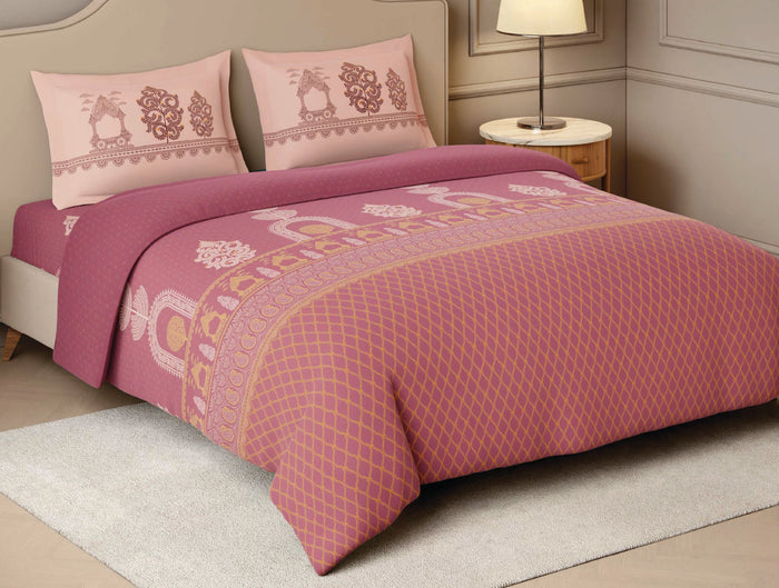 Spaces Patachitra Dark Blush Ornate 100% Cotton 210 TC Large Bedsheet with 2 Pillow Covers - 108 x 108 Inches