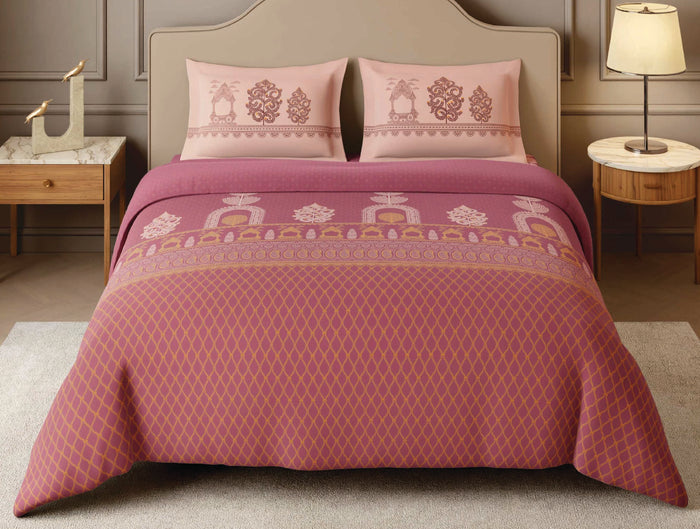 Spaces Patachitra Dark Blush Ornate 100% Cotton 210 TC Large Bedsheet with 2 Pillow Covers - 108 x 108 Inches