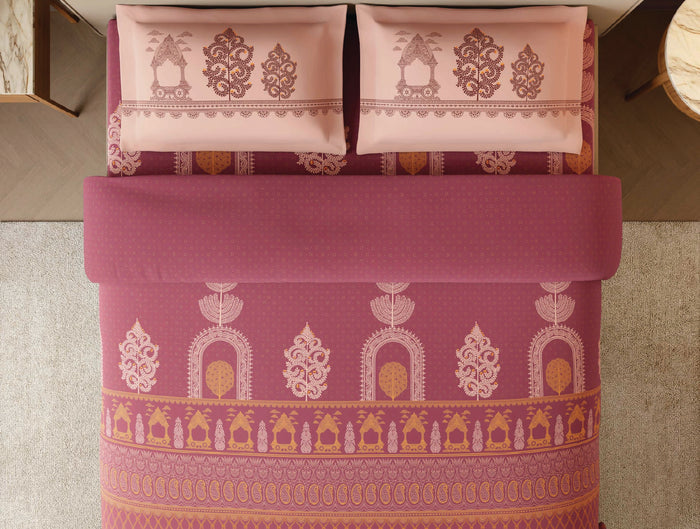 Spaces Patachitra Dark Blush Ornate 100% Cotton 210 TC Large Bedsheet with 2 Pillow Covers - 108 x 108 Inches