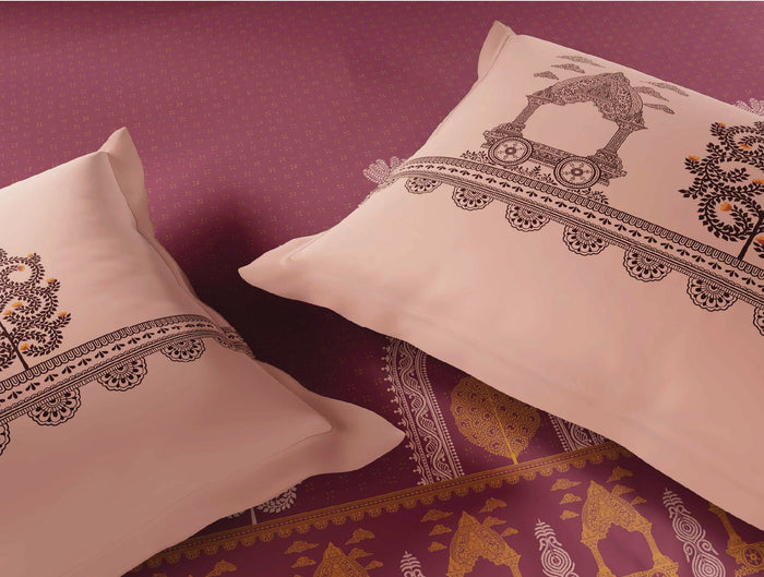 Spaces Patachitra Dark Blush Ornate 100% Cotton 210 TC Large Bedsheet with 2 Pillow Covers - 108 x 108 Inches