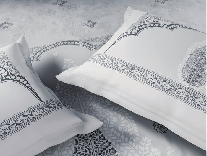 Spaces Patachitra Light Grey Ornate 100% Cotton 300 TC Large Bedsheet with 2 Pillow Covers - 108 x 108 Inches