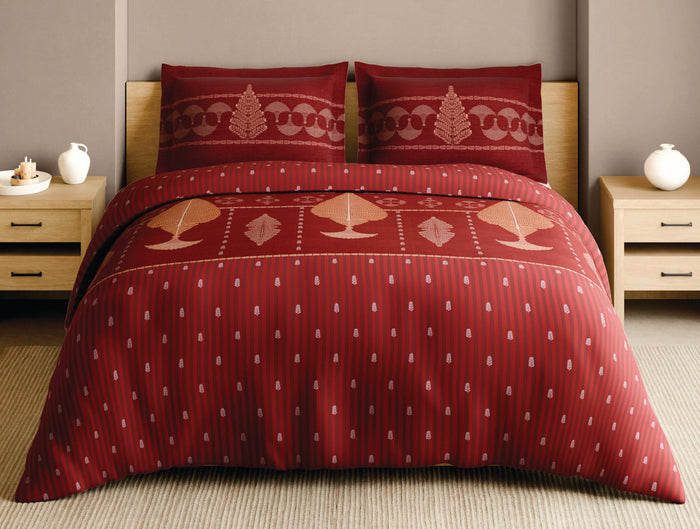 Spaces Patachitra Red Ornate 100% Cotton 210 TC Large Bedsheet with 2 Pillow Covers - 108 x 108 Inches