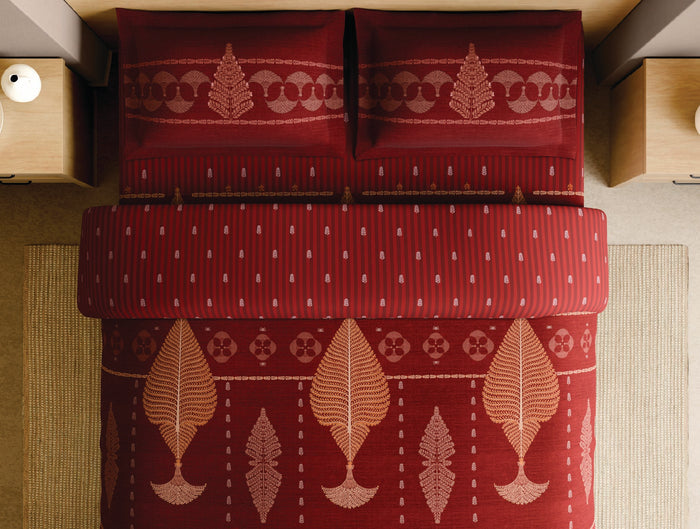 Spaces Patachitra Red Ornate 100% Cotton 210 TC Large Bedsheet with 2 Pillow Covers - 108 x 108 Inches