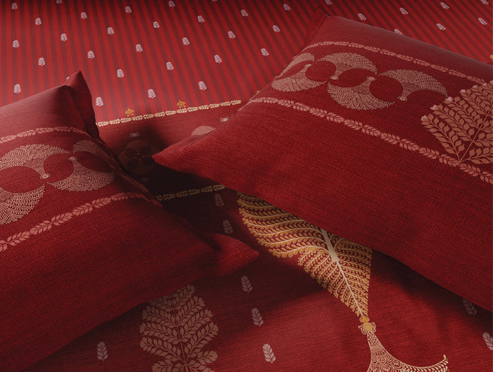 Spaces Patachitra Red Ornate 100% Cotton 210 TC Large Bedsheet with 2 Pillow Covers - 108 x 108 Inches