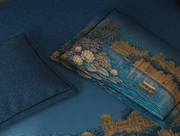Spaces Riviera Dark Blue Floral 100% Cotton Crafted Comfort Large Bedsheet with 4 Pillow Covers - 108 x 108 Inches