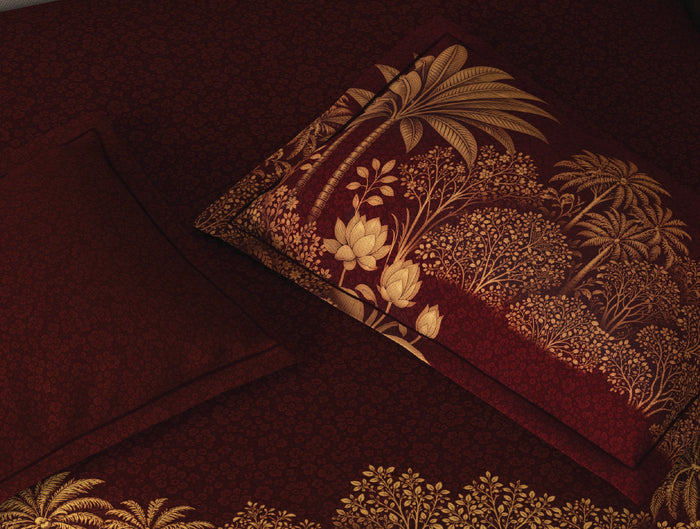 Spaces Riviera Red Floral 100% Cotton Crafted Comfort Large Bedsheet with 4 Pillow Covers - 108 x 108 Inches